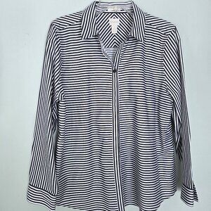 NWOT Chicos' Dark Navy Striped No-Iron Cotton Button Down Blouse Size 2
